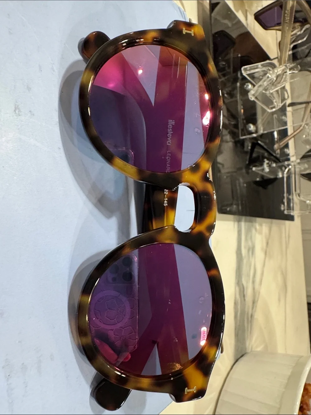 Illesteva Leonard Tortoiseshell Sunglasses with Purple Lenses ( made in Italy)
